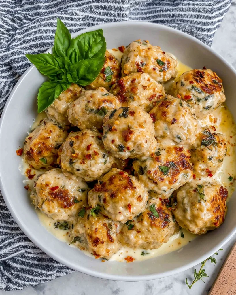 Ultra-realistic iPhone-style food photography of baked chicken ricotta meatballs with creamy spinach Alfredo sauce served in a white marble kitchen setting with natural window light and a cozy homemade feel