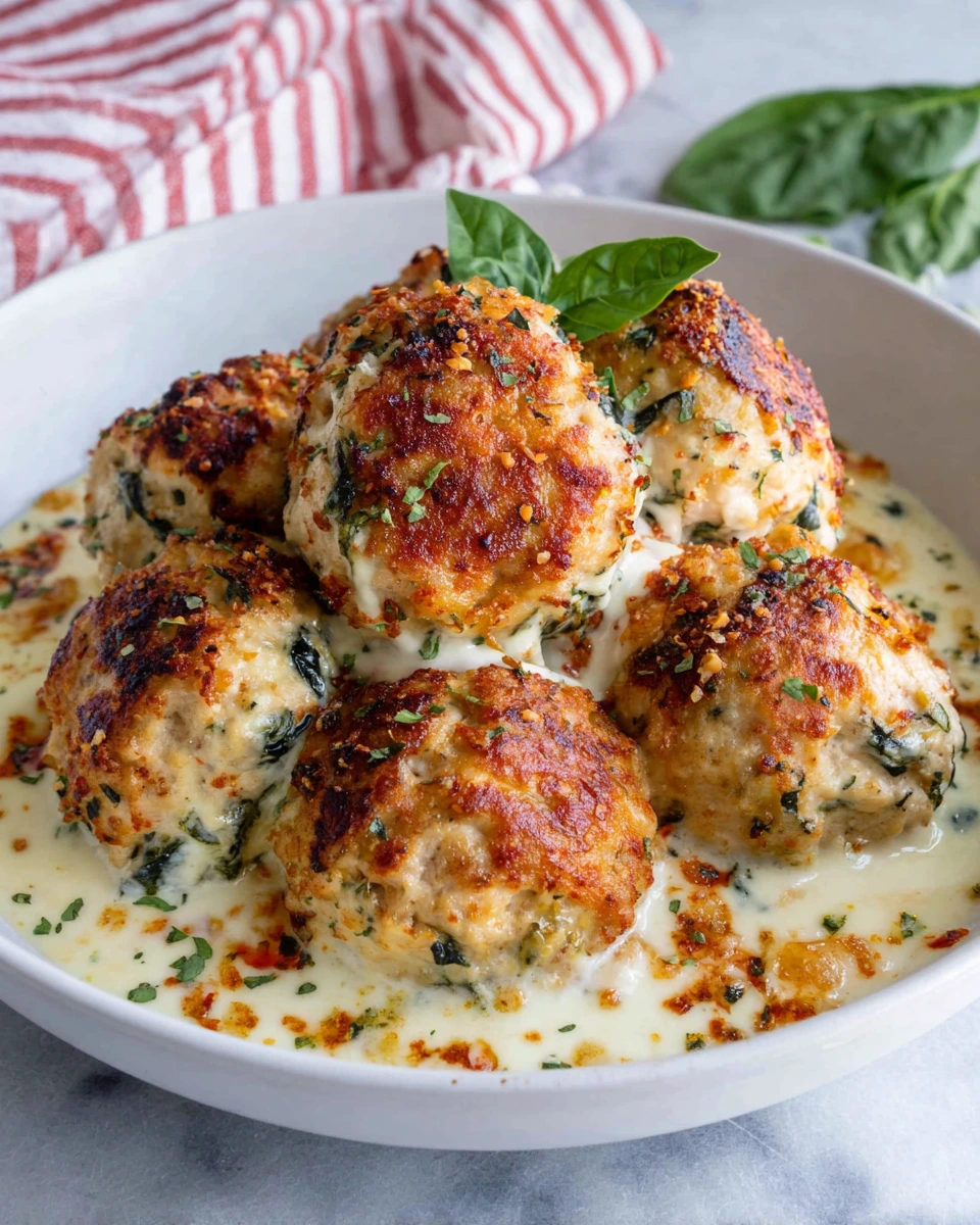 Ultra-realistic iPhone-style food photography of baked chicken ricotta meatballs with creamy spinach Alfredo sauce served in a white marble kitchen setting with natural window light and a cozy homemade feel