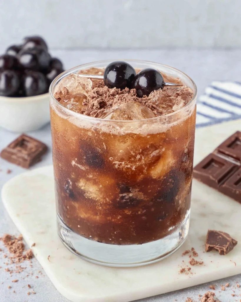 A rich Chocolate Cherry Bourbon Cocktail served over ice in a rocks glass, garnished with a maraschino cherry and shaved chocolate, photographed in natural kitchen light with a cozy homemade feel.