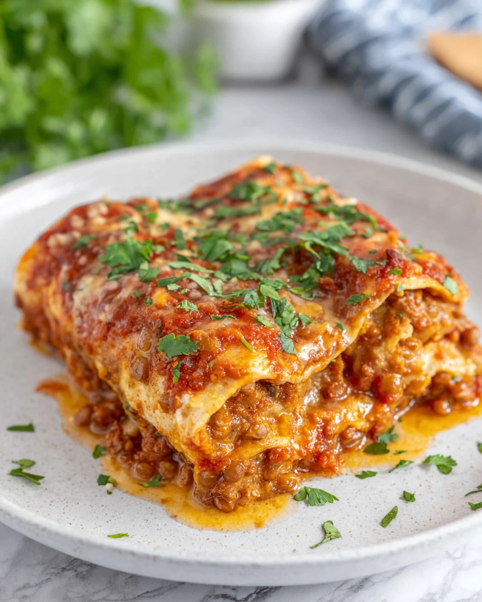 Close-up of easy vegan enchiladas with lentils served in a baking dish, topped with tomato sauce and fresh cilantro, soft tortillas filled with seasoned brown lentils, rustic homemade style in a bright kitchen with natural light.