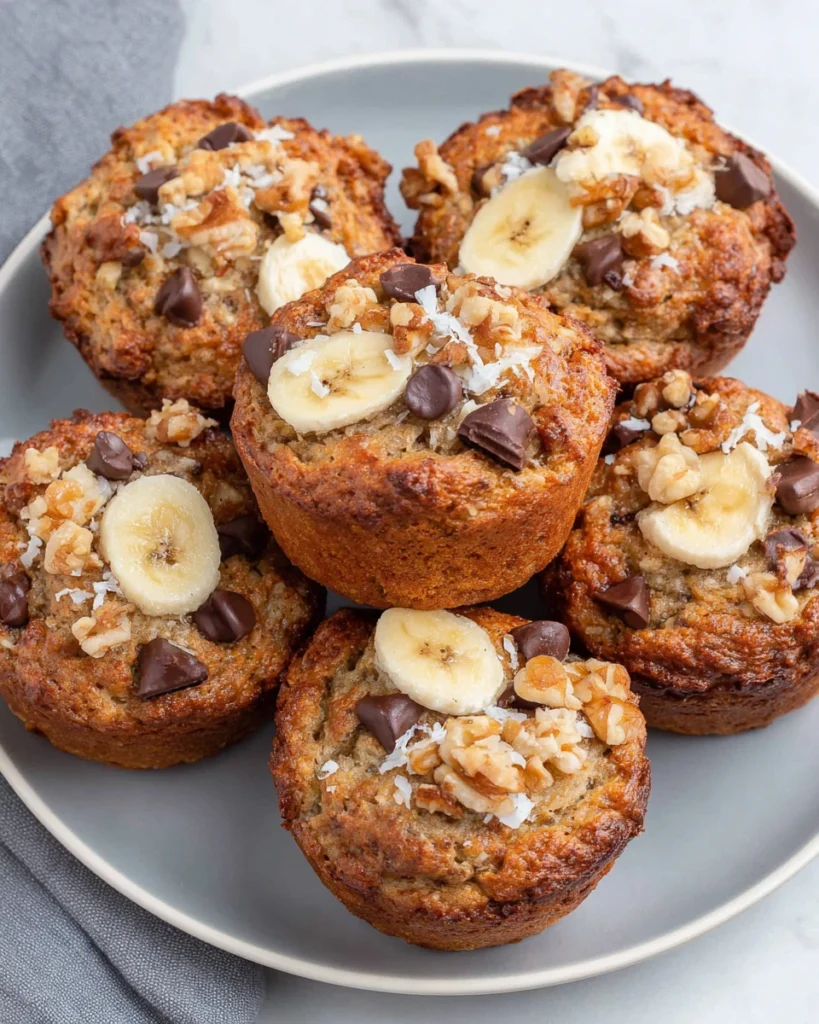 Close-up of healthy Greek yogurt banana oat muffins with chocolate chips on a white marble counter in natural kitchen lighting. Soft, moist homemade muffins with golden tops and a cozy breakfast feel.