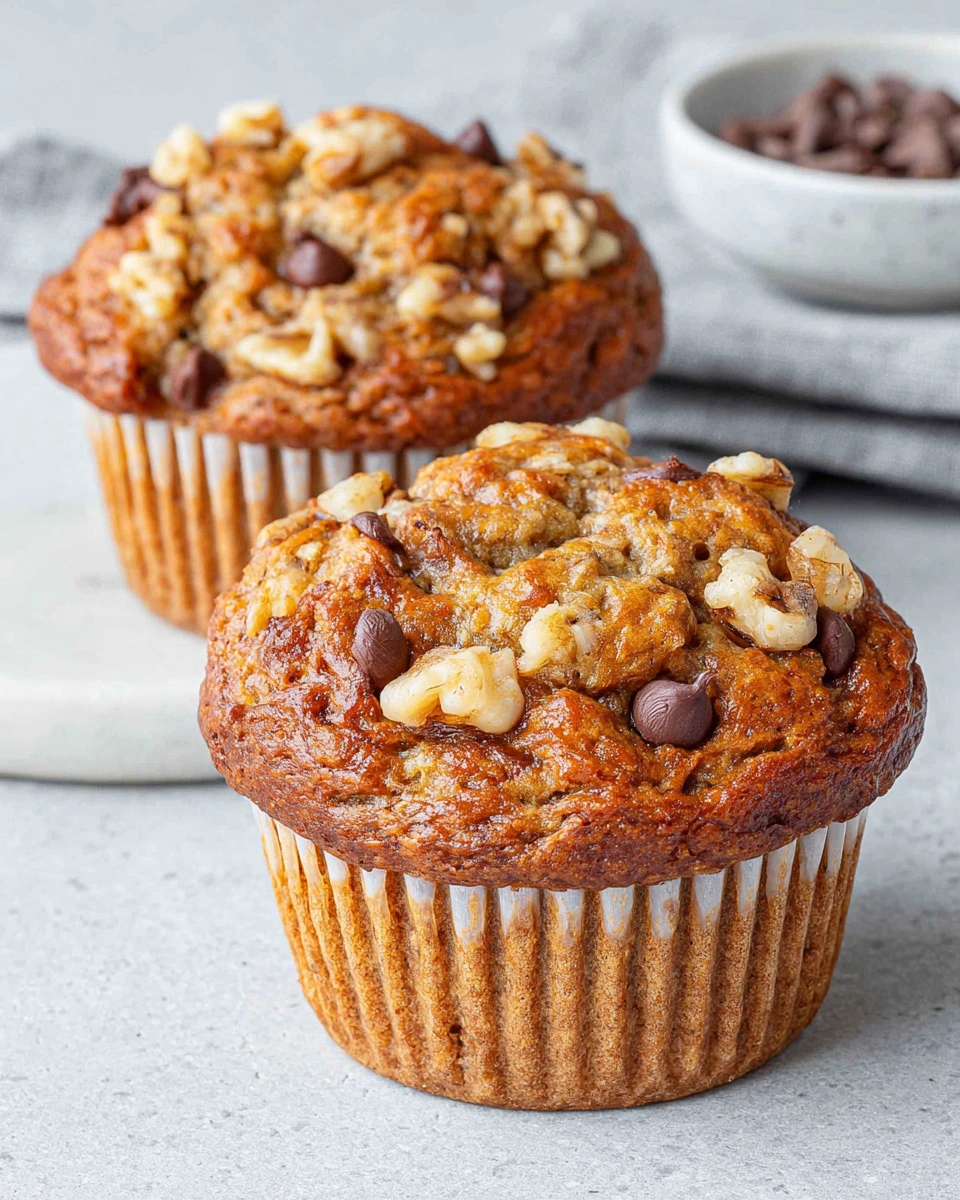 Close-up of healthy Greek yogurt banana oat muffins with chocolate chips on a white marble counter in natural kitchen lighting. Soft, moist homemade muffins with golden tops and a cozy breakfast feel.