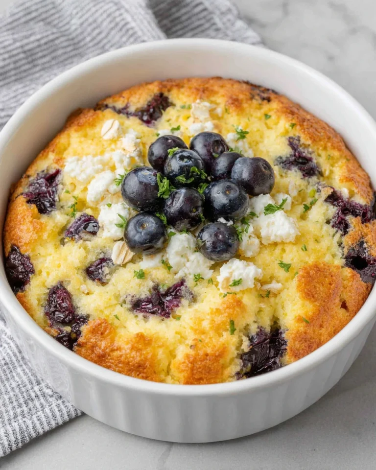 Close-up of a High Protein Blueberry Cottage Cheese Breakfast Bake in a white baking dish, featuring a creamy texture with fresh blueberries on top. Natural window light highlights the golden edges and homemade rustic appearance on a white marble kitchen counter.