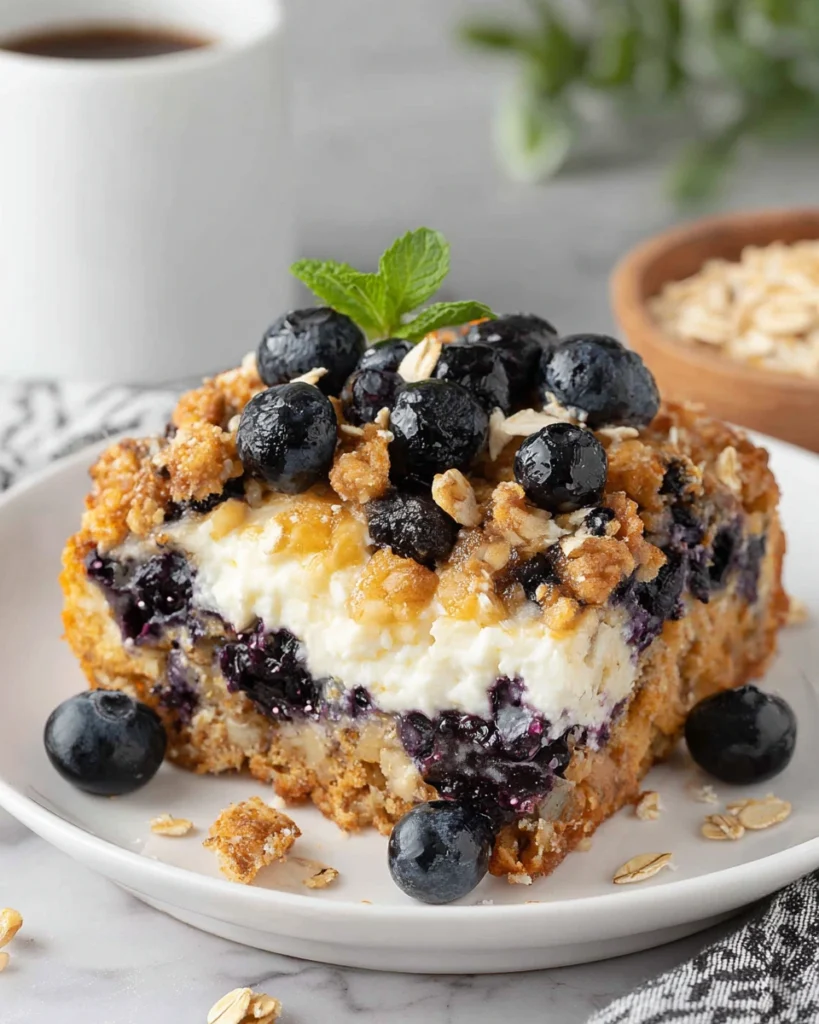 Close-up of a High Protein Blueberry Cottage Cheese Breakfast Bake in a white baking dish, featuring a creamy texture with fresh blueberries on top. Natural window light highlights the golden edges and homemade rustic appearance on a white marble kitchen counter.