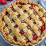 Freshly baked homemade strawberry rhubarb pie with a golden butter lattice crust, filled with sweet strawberries and tart rhubarb. Rustic fruit pie served on a white marble countertop in a cozy home kitchen with natural light.