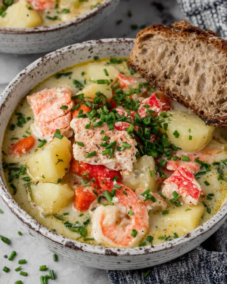 Creamy Irish Seafood Chowder served in a rustic bowl with salmon, white fish, shrimp, potatoes, and fresh herbs, photographed in natural kitchen lighting with crusty bread on the side.