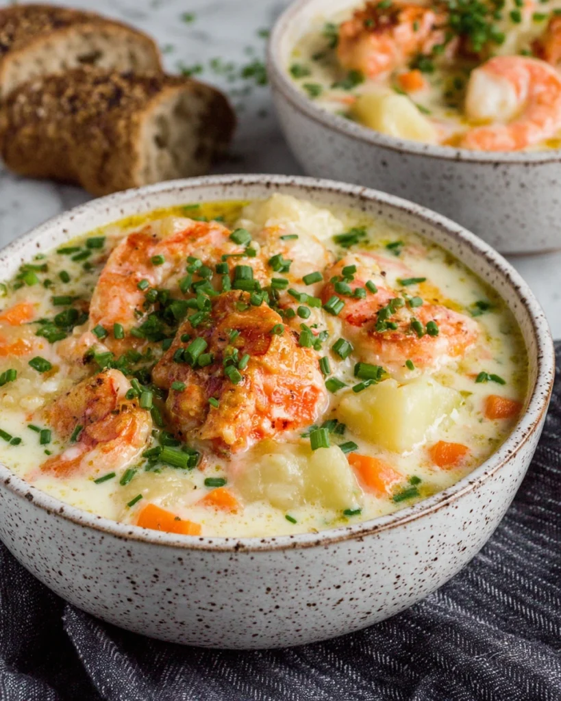 Creamy Irish Seafood Chowder served in a rustic bowl with salmon, white fish, shrimp, potatoes, and fresh herbs, photographed in natural kitchen lighting with crusty bread on the side.