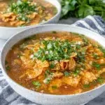 A bowl of Irresistible Mexican Garlic Soup topped with crispy tortilla strips and fresh cilantro, served on a white marble countertop with warm natural window light in a cozy home kitchen.