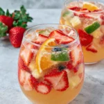 A colorful glass bowl of Party Punch Non-Alcoholic made with orange juice, pineapple juice, cranberry juice, lemon-lime soda, strawberries, blueberries, and orange slices, served on a white marble counter in natural kitchen lighting.