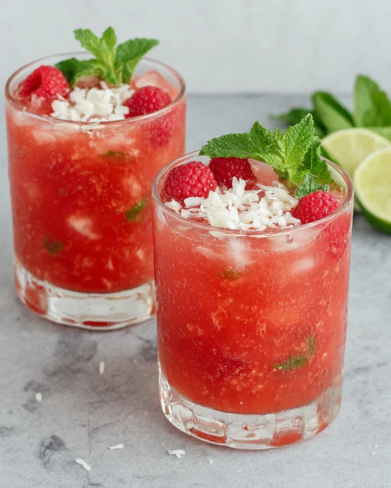 Refreshing Raspberry Coconut Mojito served over ice with fresh raspberries, mint leaves, lime juice, and coconut flakes in a frosty cocktail glass on a white marble kitchen counter with natural lighting.
