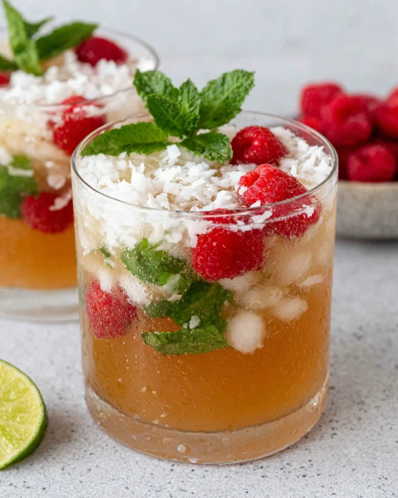 Refreshing Raspberry Coconut Mojito served over ice with fresh raspberries, mint leaves, lime juice, and coconut flakes in a frosty cocktail glass on a white marble kitchen counter with natural lighting.