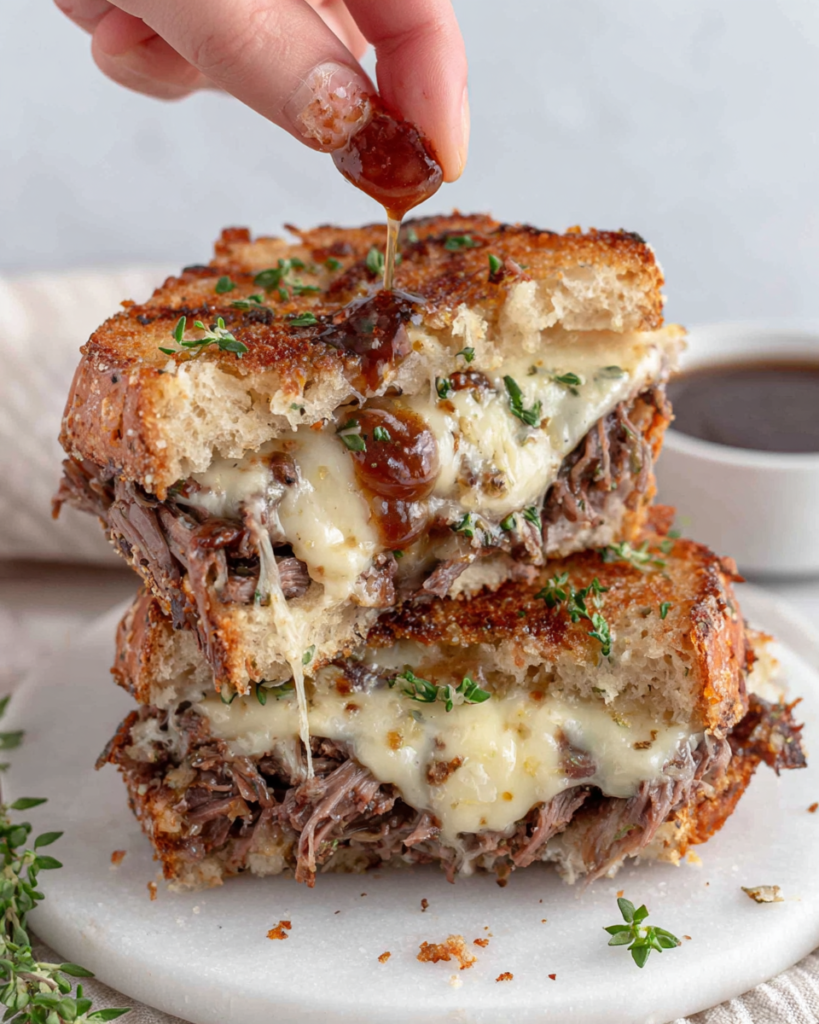Close-up ultra-realistic iPhone-style photo of slow cooker French dip sandwiches filled with tender shredded beef, melted provolone cheese, and caramelized onions, served with rich au jus for dipping on a white marble kitchen counter.