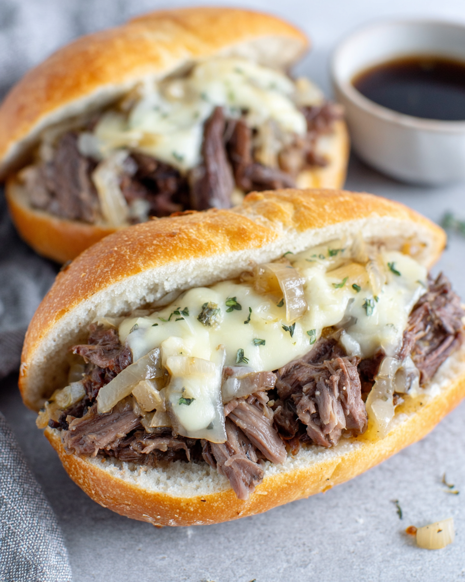 Close-up ultra-realistic iPhone-style photo of slow cooker French dip sandwiches filled with tender shredded beef, melted provolone cheese, and caramelized onions, served with rich au jus for dipping on a white marble kitchen counter.