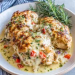 Close-up of Smothered Cheesy Sour Cream Chicken baked with melted mozzarella cheese, creamy sour cream sauce, and Parmesan in a white baking dish on a marble kitchen counter with natural lighting.