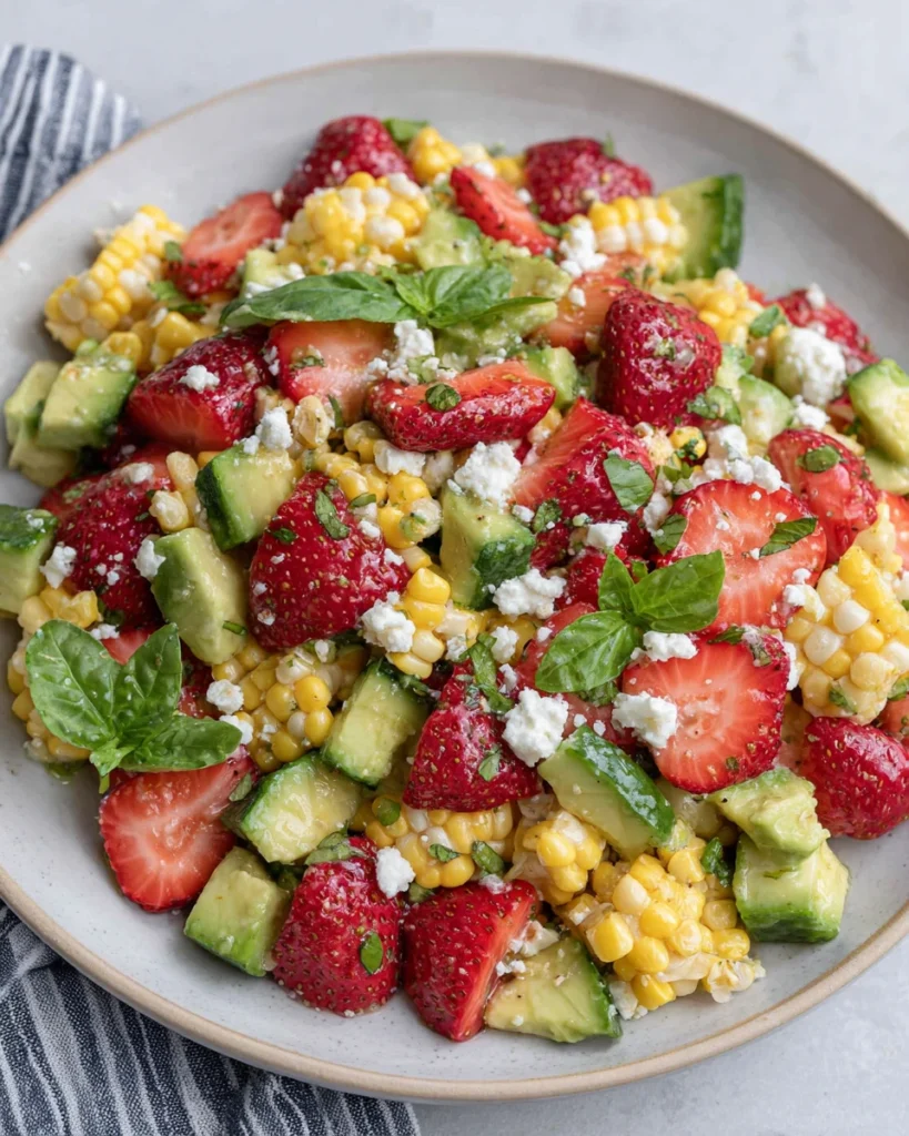 This Summer Salad with Corn, Strawberries & Avocado is fresh, colorful, and packed with seasonal flavor. Sweet strawberries, juicy tomatoes, crisp cucumber, creamy avocado, and salty feta come together in the most refreshing summer salad recipe. Perfect for BBQs, picnics, potlucks, or easy healthy lunches. Save this quick summer salad recipe for your next warm-weather gathering!