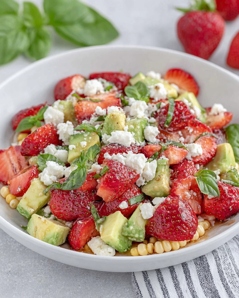 This Summer Salad with Corn, Strawberries & Avocado is fresh, colorful, and packed with seasonal flavor. Sweet strawberries, juicy tomatoes, crisp cucumber, creamy avocado, and salty feta come together in the most refreshing summer salad recipe. Perfect for BBQs, picnics, potlucks, or easy healthy lunches. Save this quick summer salad recipe for your next warm-weather gathering!