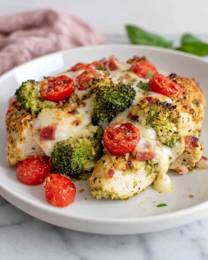 Creamy Tuscan Chicken Broccoli Bake topped with melted mozzarella cheese, cherry tomatoes, and fresh basil in a white baking dish on a marble kitchen counter with natural window light.