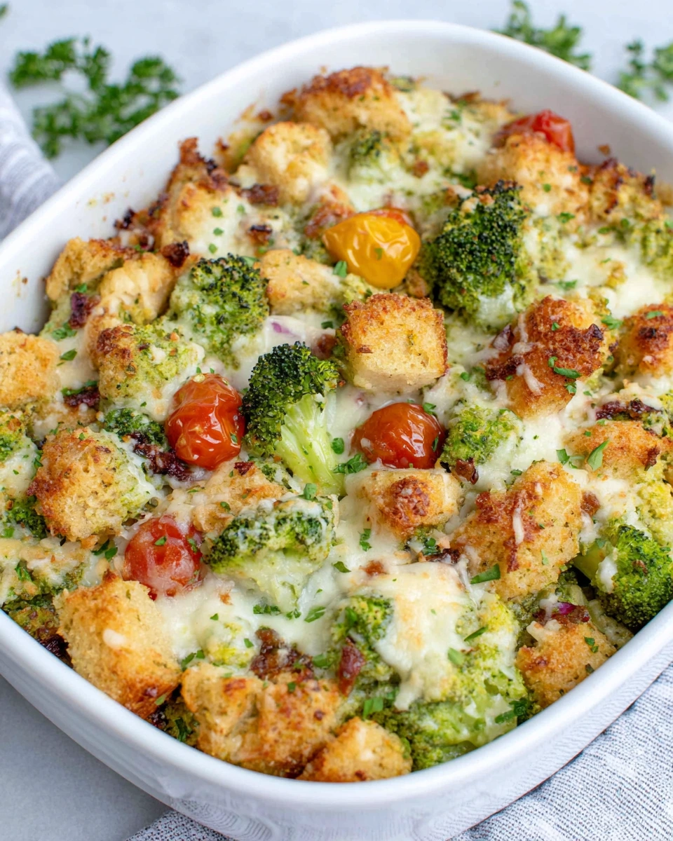 Creamy Tuscan Chicken Broccoli Bake topped with melted mozzarella cheese, cherry tomatoes, and fresh basil in a white baking dish on a marble kitchen counter with natural window light.
