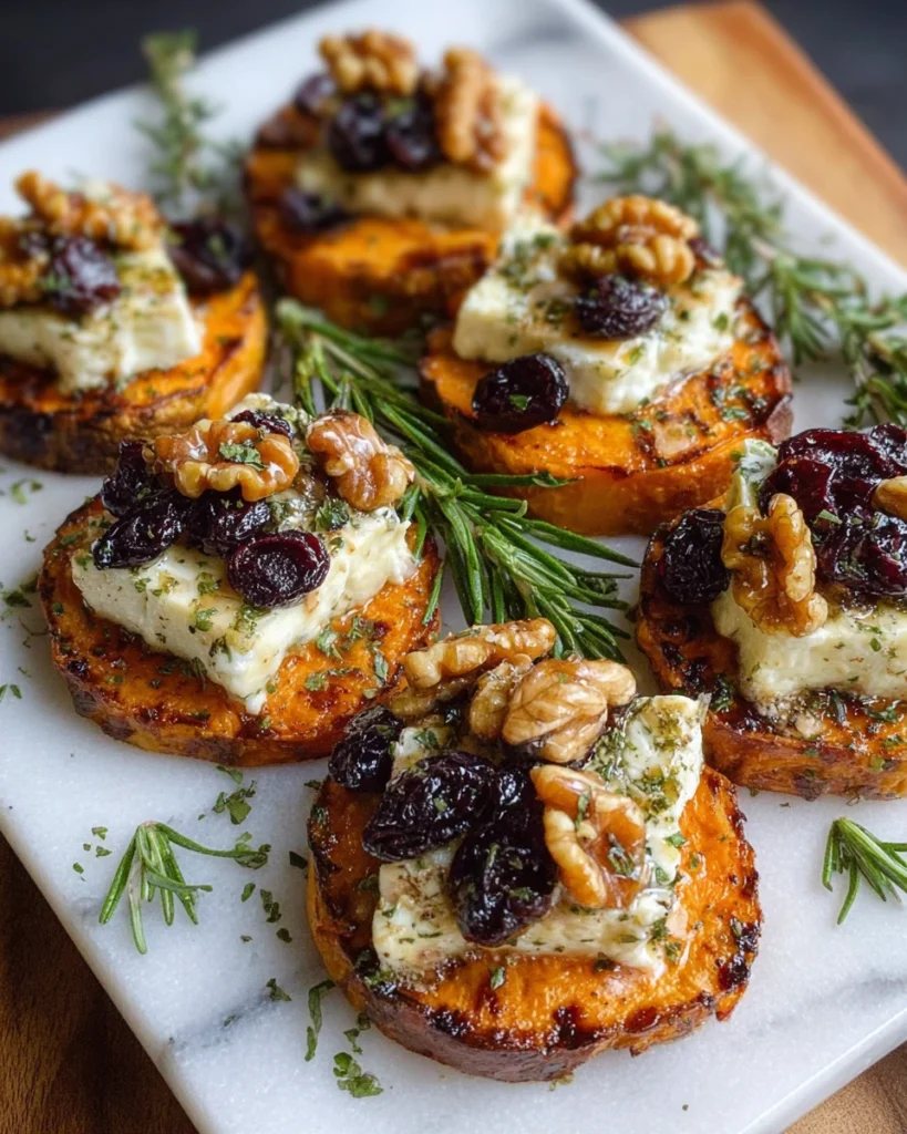 Close up of roasted sweet potato rounds topped with melted brie, dried cherries, and toasted walnuts on a white marble counter, styled in natural kitchen lighting with a homemade look