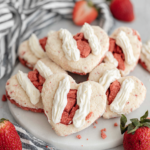 Soft strawberry cut out cookies with creamy vanilla frosting and sprinkles arranged on a white marble counter in natural kitchen lighting. Homemade strawberry sugar cookies made with freeze-dried strawberries and decorated for spring or holiday baking.
