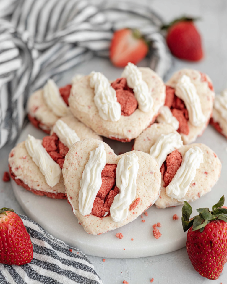 Soft strawberry cut out cookies with creamy vanilla frosting and sprinkles arranged on a white marble counter in natural kitchen lighting. Homemade strawberry sugar cookies made with freeze-dried strawberries and decorated for spring or holiday baking.