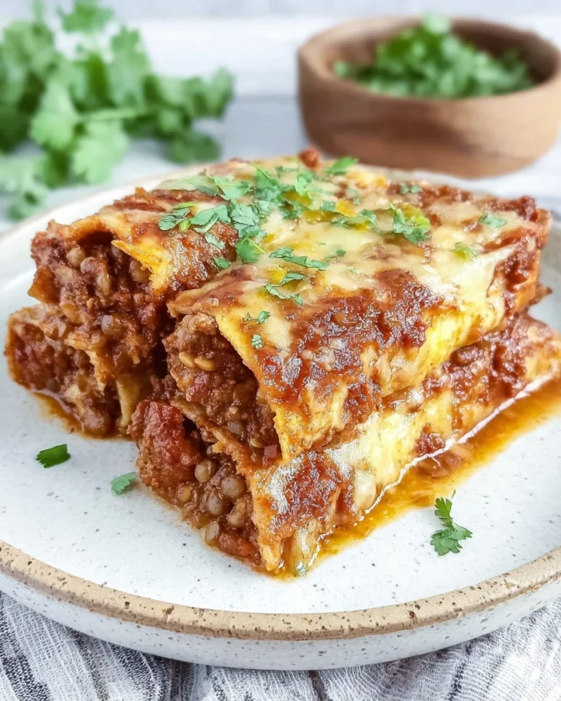 Close-up of easy vegan enchiladas with lentils served in a baking dish, topped with tomato sauce and fresh cilantro, soft tortillas filled with seasoned brown lentils, rustic homemade style in a bright kitchen with natural light.