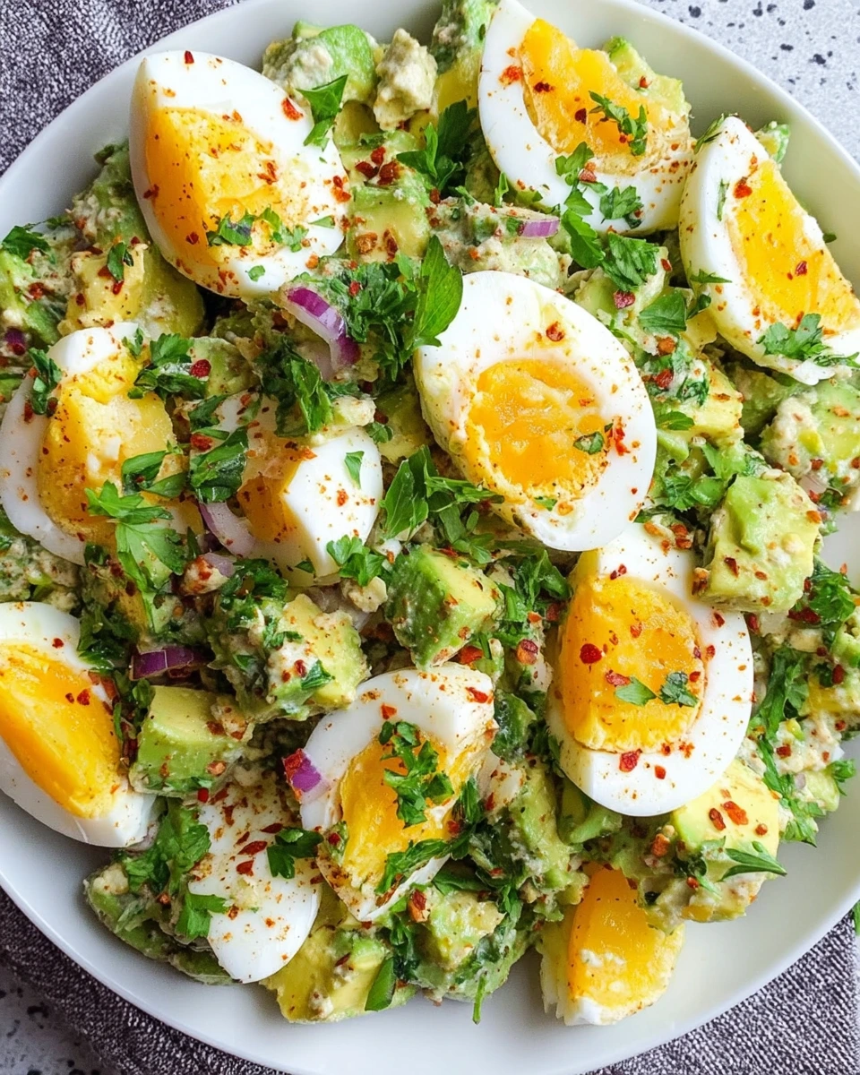 Close-up of creamy workout egg avocado salad made with chopped eggs, mashed avocado, and Greek yogurt, served in a bowl on a white marble kitchen counter with natural light.
