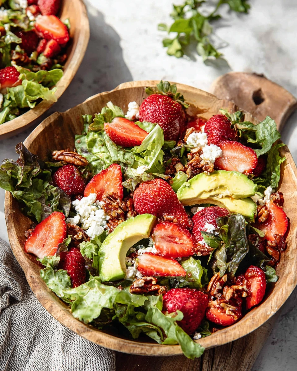 Fresh Strawberry Feta Salad with Candied Pecans served in a large bowl with mixed greens, sliced strawberries, avocado, creamy feta dressing, and crunchy maple glazed pecans on a white marble kitchen counter in natural light.