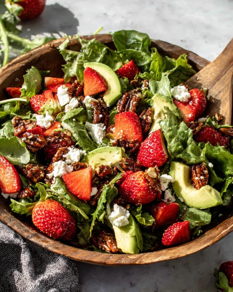 Fresh Strawberry Feta Salad with Candied Pecans served in a large bowl with mixed greens, sliced strawberries, avocado, creamy feta dressing, and crunchy maple glazed pecans on a white marble kitchen counter in natural light.