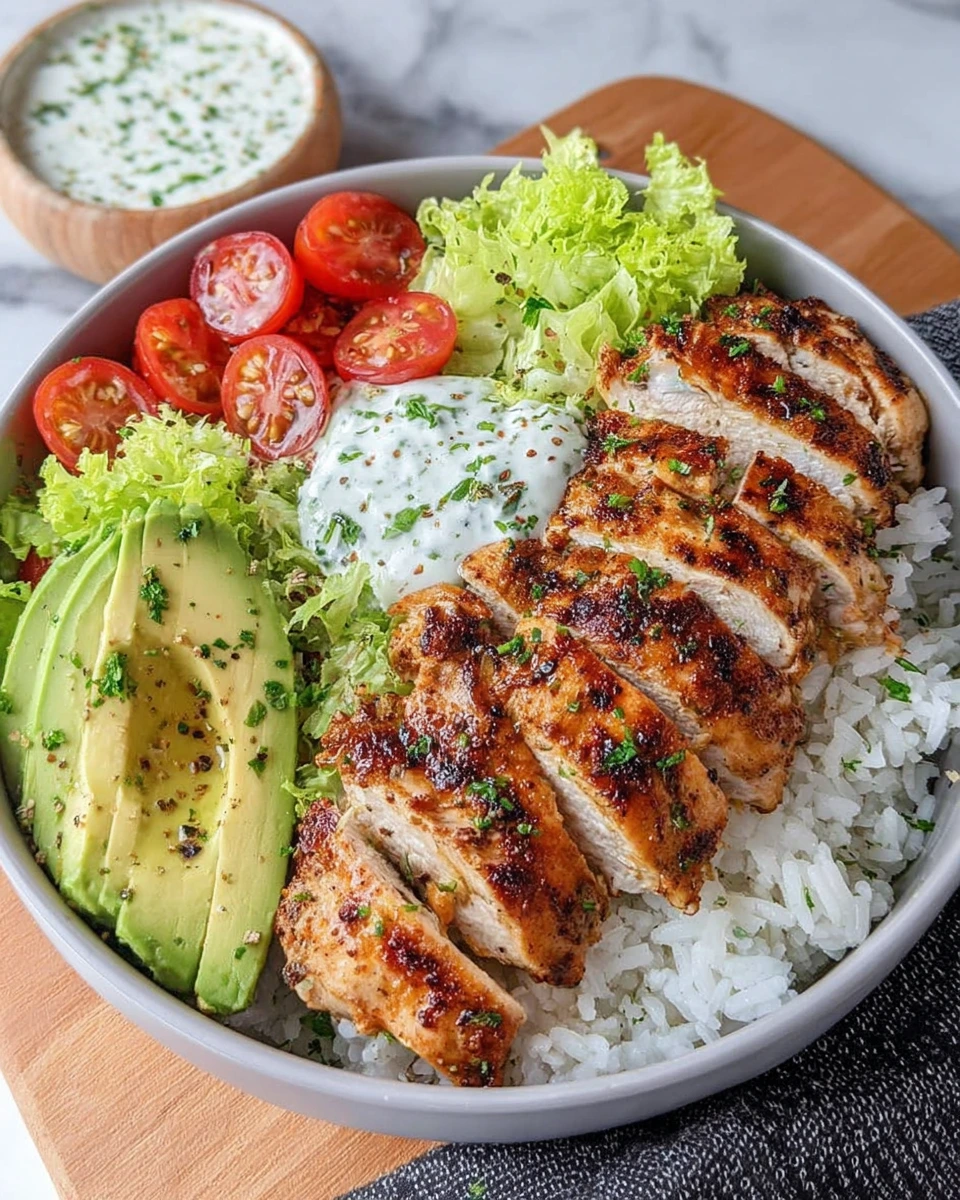 Close-up of a homemade grilled chicken rice bowl with sliced grilled chicken, fluffy white rice, avocado, cherry tomatoes, lettuce, and creamy herb sauce served in a white bowl on a marble kitchen counter with natural window light.
