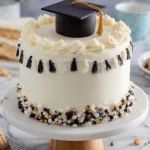 Graduation Tassel Cake decorated with black, white, and gold fondant tassels, personalized lettering, and a handcrafted graduation cap topper on a two-tier celebration cake displayed on a white marble kitchen counter.