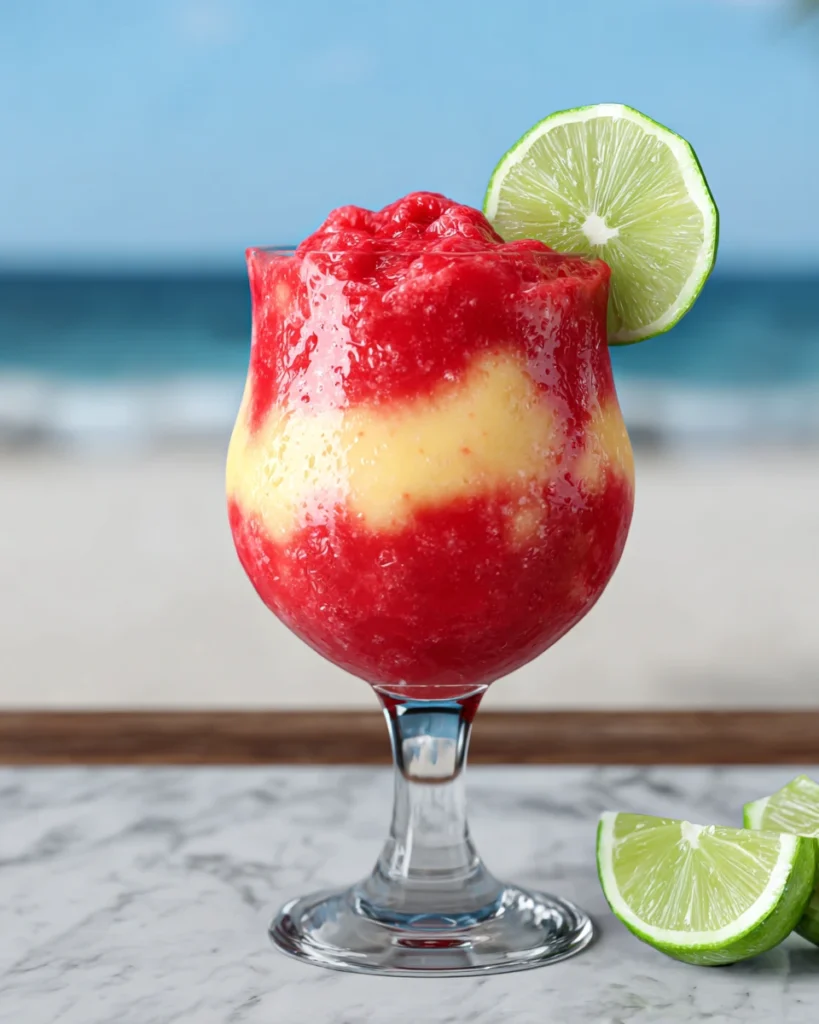 Virgin Raspberry Mango Margarita Slushie served in a hurricane glass with layered mango and raspberry frozen mocktail, garnished with a lime wedge on a white marble countertop.