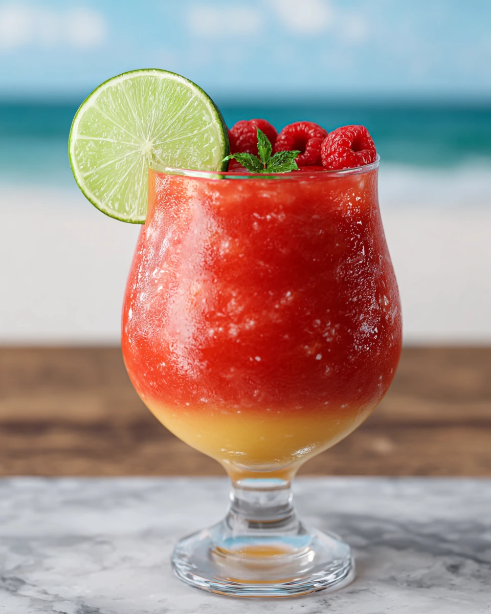 Virgin Raspberry Mango Margarita Slushie served in a hurricane glass with layered mango and raspberry frozen mocktail, garnished with a lime wedge on a white marble countertop.