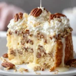 Butter Pecan Tres Leches Cake topped with whipped cream and toasted pecans on a white marble counter in soft natural kitchen lighting. Moist creamy cake with rich butter pecan flavor and homemade rustic presentation.