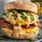 Close-up of homemade Spicy Chipotle Egg Breakfast Sandwiches with fluffy eggs, melted Pepper Jack cheese, creamy avocado, fresh arugula, and smoky chipotle aioli on toasted brioche buns in natural kitchen lighting.