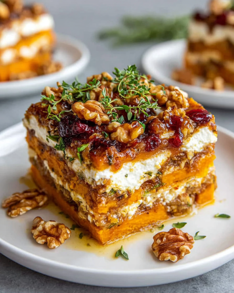 Close-up of layered sweet potato lasagna made with sweet potatoes, butternut squash, carrots, feta cheese, and walnuts, topped with cranberry glaze in a rustic home kitchen setting with natural light.