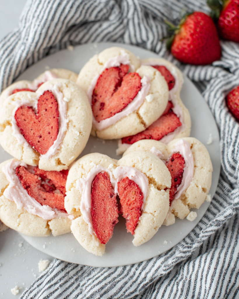 Soft strawberry cut out cookies with creamy vanilla frosting and sprinkles arranged on a white marble counter in natural kitchen lighting. Homemade strawberry sugar cookies made with freeze-dried strawberries and decorated for spring or holiday baking.