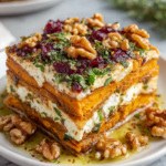 Close-up of layered sweet potato lasagna made with sweet potatoes, butternut squash, carrots, feta cheese, and walnuts, topped with cranberry glaze in a rustic home kitchen setting with natural light.