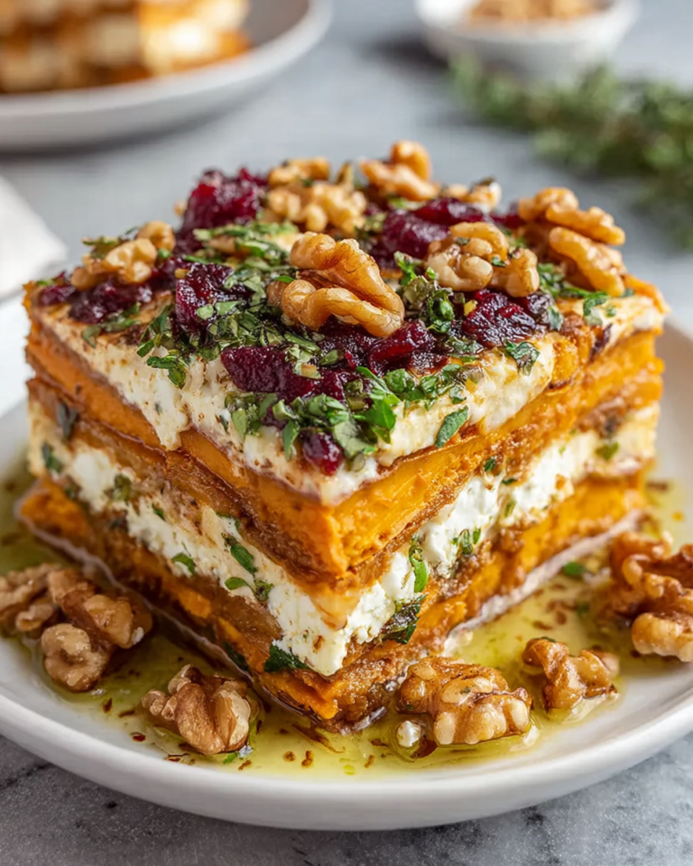 Close-up of layered sweet potato lasagna made with sweet potatoes, butternut squash, carrots, feta cheese, and walnuts, topped with cranberry glaze in a rustic home kitchen setting with natural light.