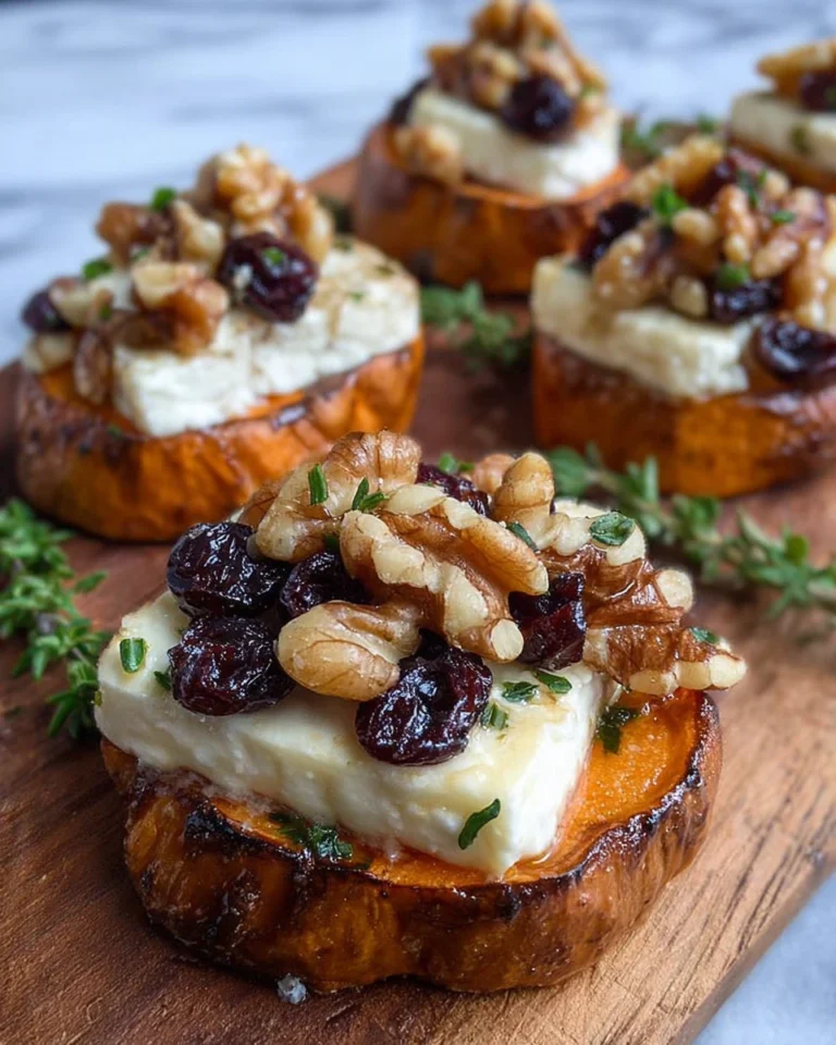 Close up of roasted sweet potato rounds topped with melted brie, dried cherries, and toasted walnuts on a white marble counter, styled in natural kitchen lighting with a homemade look
