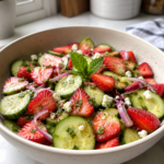 A bowl of homemade Cucumber Strawberry Salad made with fresh cucumber slices, ripe strawberries, mint, and a light honey lemon dressing, served in a white ceramic bowl on a marble countertop with natural window light.