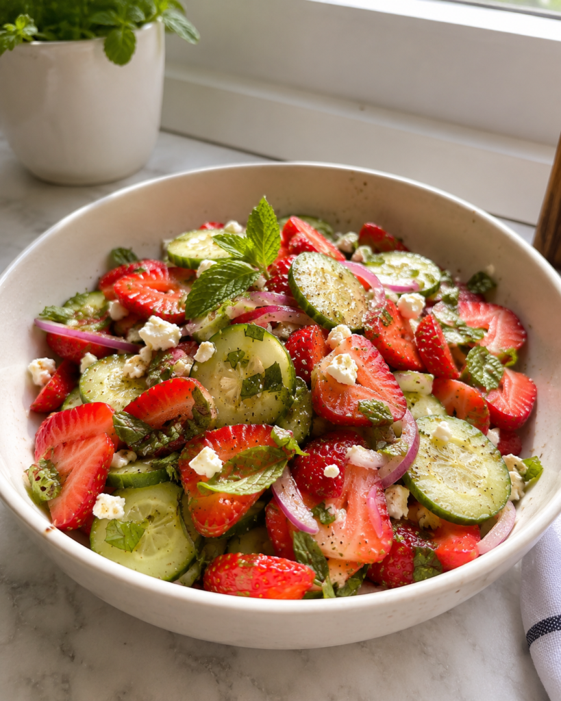 A bowl of homemade Cucumber Strawberry Salad made with fresh cucumber slices, ripe strawberries, mint, and a light honey lemon dressing, served in a white ceramic bowl on a marble countertop with natural window light.