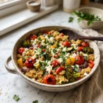 A bowl of Satisfying Sheet Pan Roasted Vegetable Quinoa Bake featuring fluffy quinoa, roasted bell peppers, zucchini, broccoli, cherry tomatoes, red onion, crumbled feta cheese, and fresh parsley. The dish is photographed in natural window light on a white marble countertop with a warm homemade kitchen atmosphere.