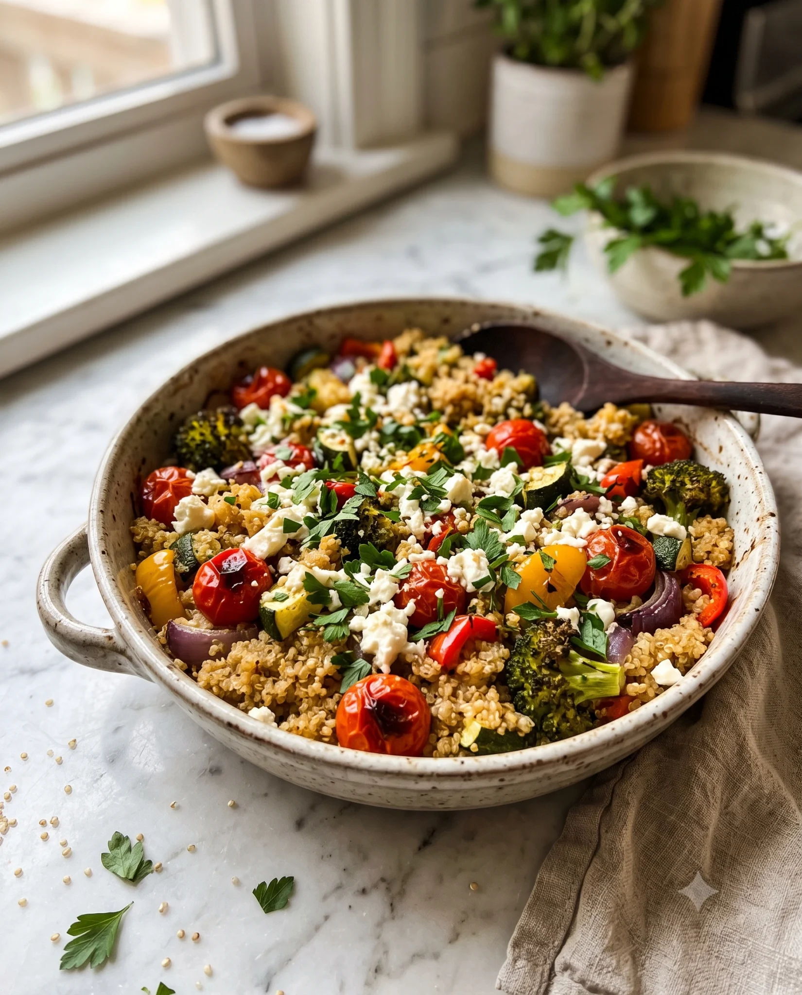 A bowl of Satisfying Sheet Pan Roasted Vegetable Quinoa Bake featuring fluffy quinoa, roasted bell peppers, zucchini, broccoli, cherry tomatoes, red onion, crumbled feta cheese, and fresh parsley. The dish is photographed in natural window light on a white marble countertop with a warm homemade kitchen atmosphere.