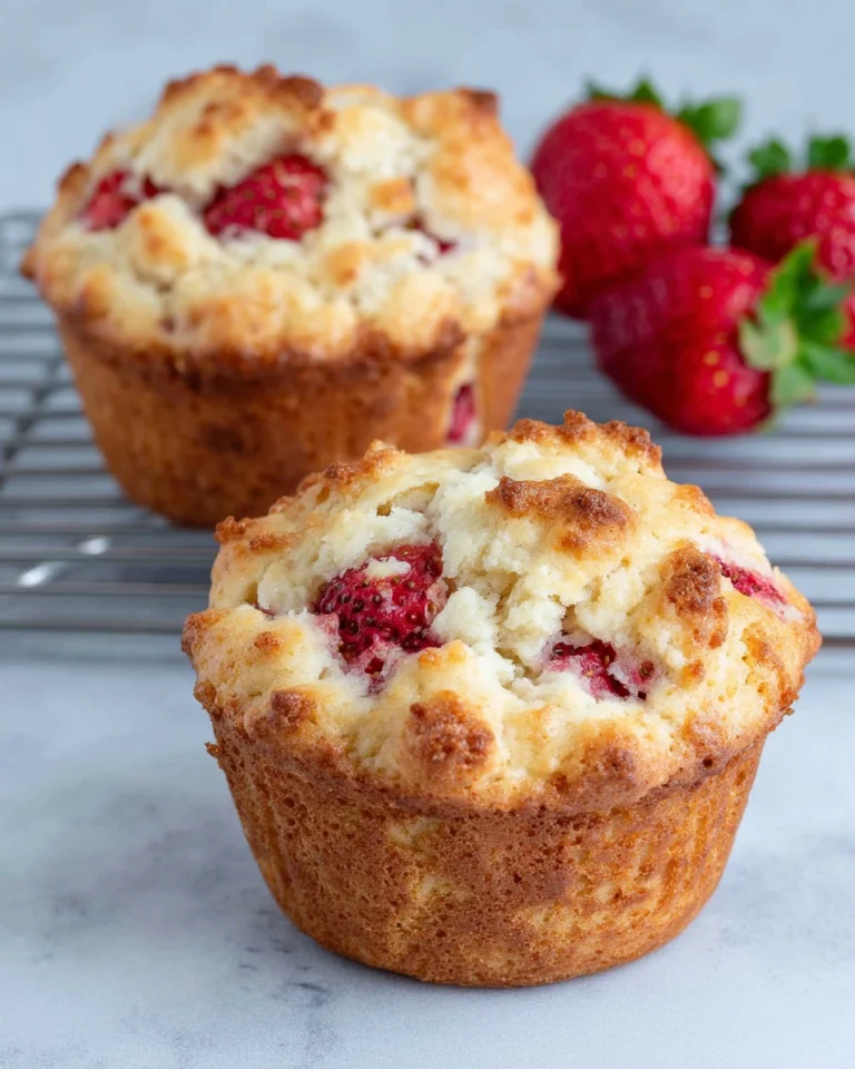 Freshly baked Almond Flour Strawberry Muffins made with almond flour, fresh strawberries, and Greek yogurt, displayed on a wire cooling rack in a bright home kitchen. Moist gluten-free muffins with golden tops and visible strawberry pieces, photographed in natural window light with a warm homemade feel.