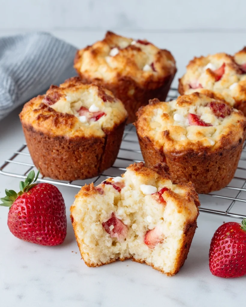 Freshly baked Almond Flour Strawberry Muffins made with almond flour, fresh strawberries, and Greek yogurt, displayed on a wire cooling rack in a bright home kitchen. Moist gluten-free muffins with golden tops and visible strawberry pieces, photographed in natural window light with a warm homemade feel.
