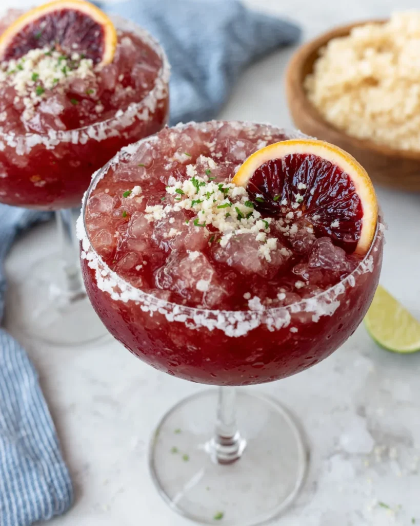 A vibrant Blood Orange Pineapple Margarita served in a chilled coupe glass filled with crushed ice and garnished with a fresh blood orange slice. Made with tequila, blood orange juice, pineapple juice, coconut milk, and orange liqueur, this tropical cocktail features a beautiful ruby-orange color and refreshing homemade presentation on a white marble countertop.