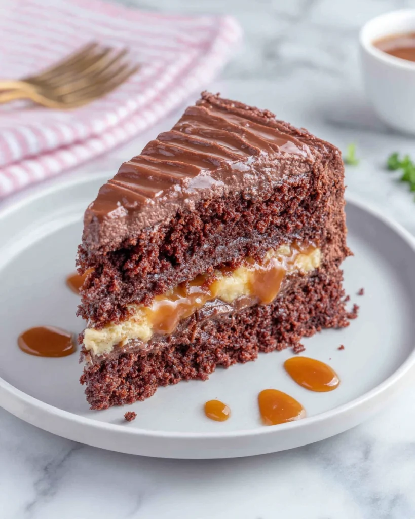 A thick slice of Chocolate Whiskey Cake with Salted Caramel Buttercream and dark chocolate ganache on a white plate. The moist chocolate cake layers are filled with creamy salted caramel frosting and topped with glossy chocolate ganache drips, creating an elegant homemade dessert perfect for celebrations and special occasions.