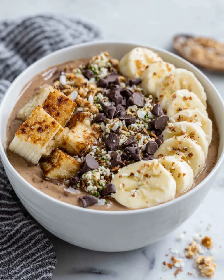 Chunky Monkey Smoothie Bowl topped with fresh banana slices, maple cinnamon granola, cacao nibs, hemp seeds, and chocolate chips in a white bowl on a marble countertop. Thick and creamy chocolate banana smoothie base with a healthy homemade breakfast presentation.