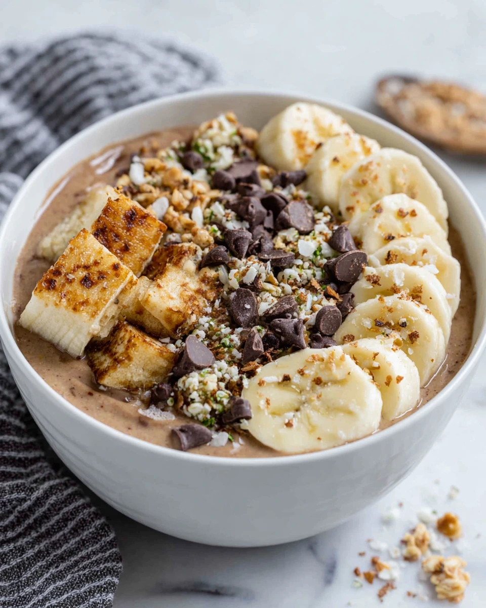 Chunky Monkey Smoothie Bowl topped with fresh banana slices, maple cinnamon granola, cacao nibs, hemp seeds, and chocolate chips in a white bowl on a marble countertop. Thick and creamy chocolate banana smoothie base with a healthy homemade breakfast presentation.